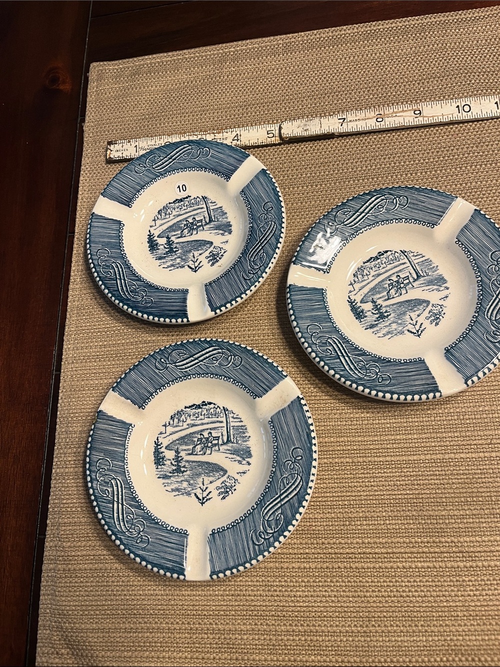 #10 Blue and White Scenic Ceramic Ashtray Trio - Vintage-Inspired Dinnerware